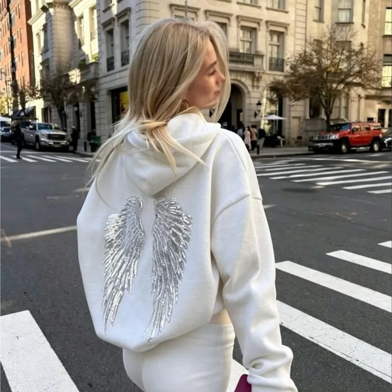 Women's sequined wing hooded sweatshirt long sleeved hooded sweatshirt flared pants printed sportswear streetwear set