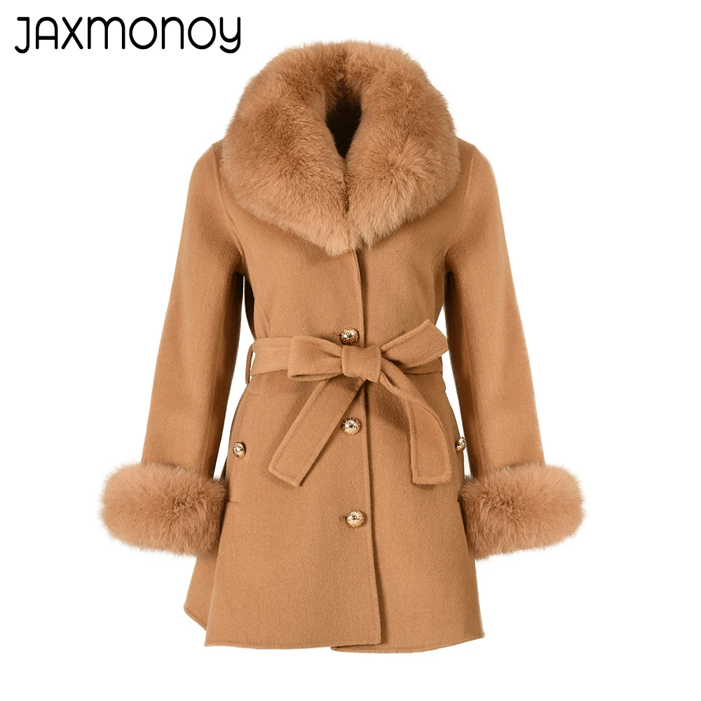 

Jaxmonoy Cashmere Coat Women Real Fox Fur Collar Cuffs Ladies Autumn Winter Wool Blend Jacket Fashion Belt Slim Outerwear Female