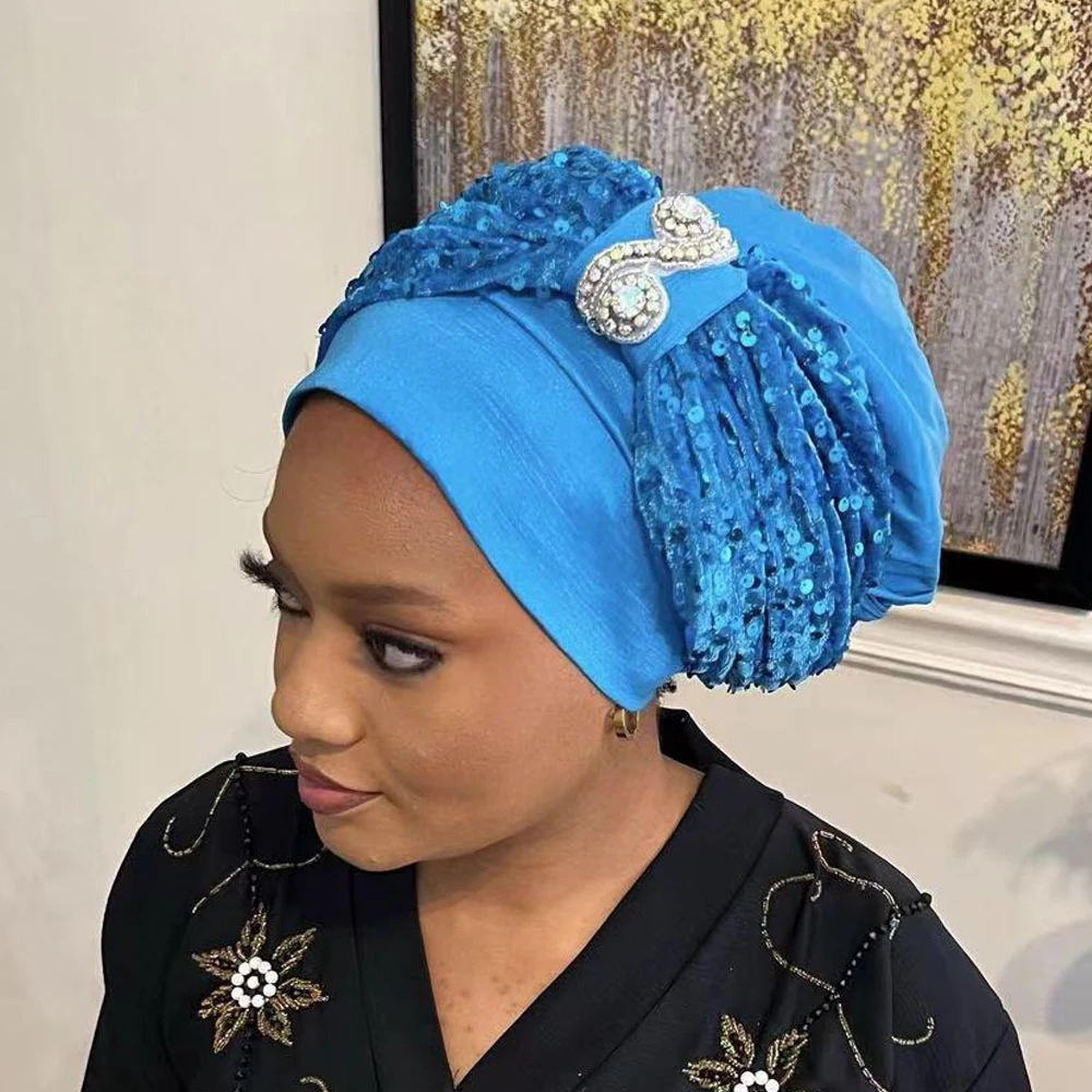 Sequins Turban Cap for Women Afrcian Lady Head Wraps Muslim Turbans Hat Nigeria Headwear Headtie Turbante Mujer