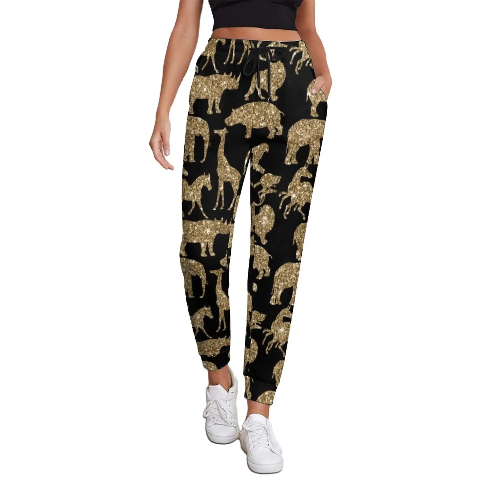 Wild Animal Baggy Pants Women Golden Glitter Print Casual Sweatpants Spring Pattern Aesthetic Big Size Trousers Birthday Gift