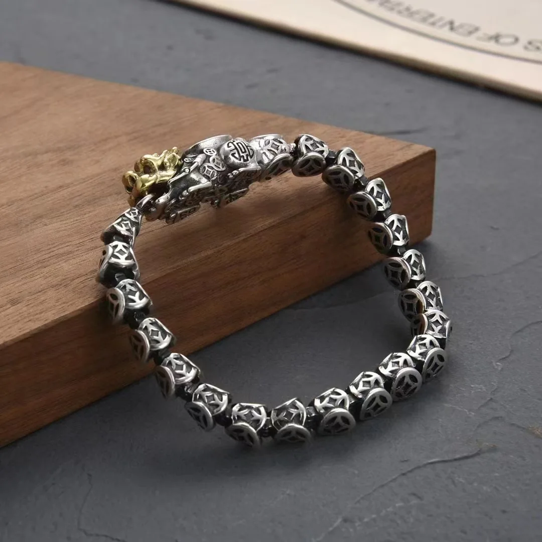 S925 silver ancient copper coin brave men's bracelet personality domineer men's keel chain production of silver bracelet gifts