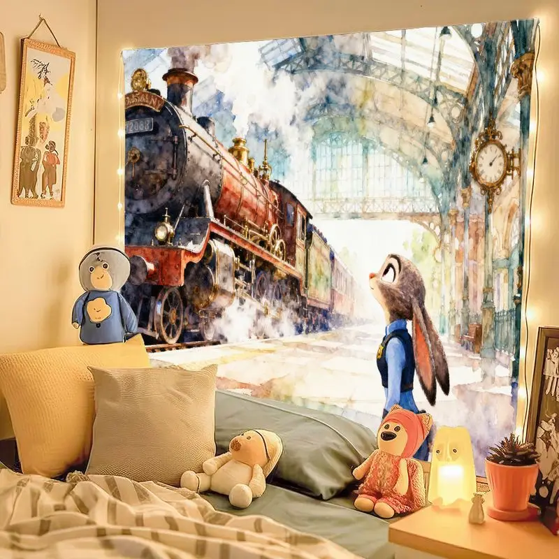 قطعة واحدة من نسيج Zootopia Judy Hopps، محطة قطار البخار العتيقة، لوحة فنية جدارية بألوان مائية، هدية ديكور غرفة بوليستر جمالية. #3