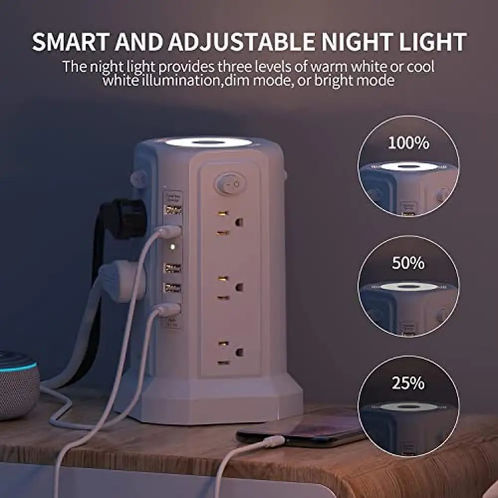 Vertical Power Strip Tower Surge Protector 12 AC Outlets 5 USB Ports 10FT Extension Cord Night Light Energy Saver Switch