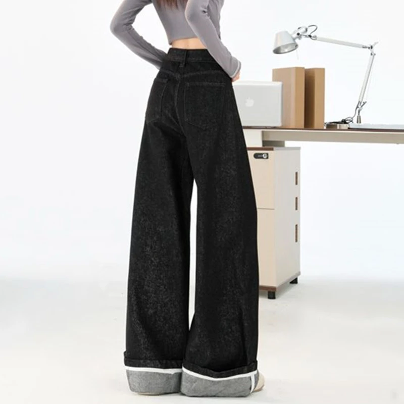 FINEWORDS Retro Casual Korean Baggy Jeans Women Streetwear High Waist Jean Easymatch Full Length Wide Leg Denim Pants