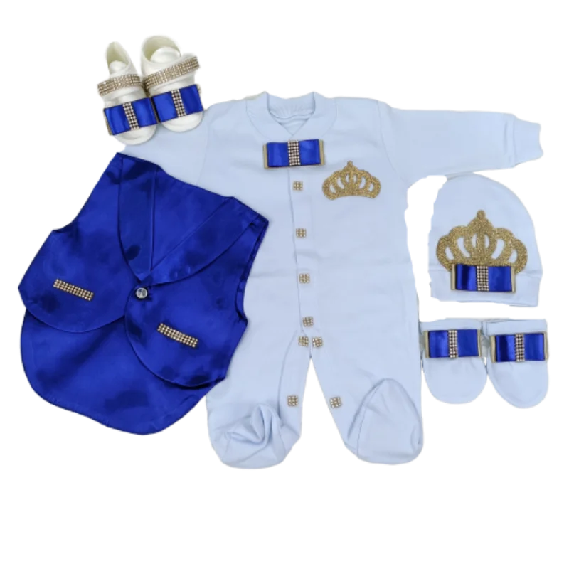 Luxury Gentleman Prince Baby Romper 0-9 Months 5Pcs Light Sky Blue Royal Blue Satin Vest Bow Rhinestone Crown Boutique Gift