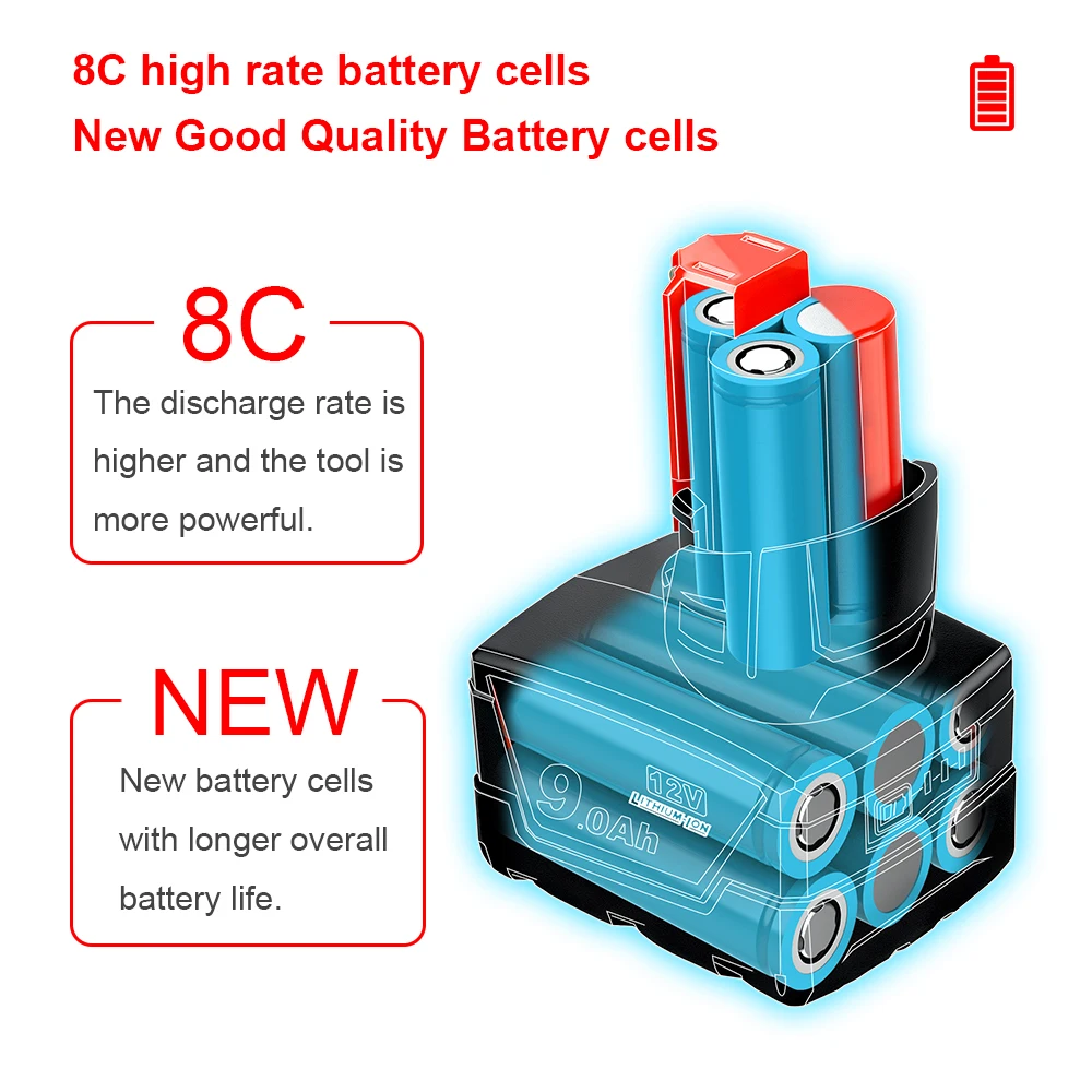 Bateria Li-ion para Milwaukee, 12V, 9Ah, Ferramentas, M12, B6, XC, Furadeira sem fio, Baterias de íon-lítio, Tela de alimentação 48-11-2402