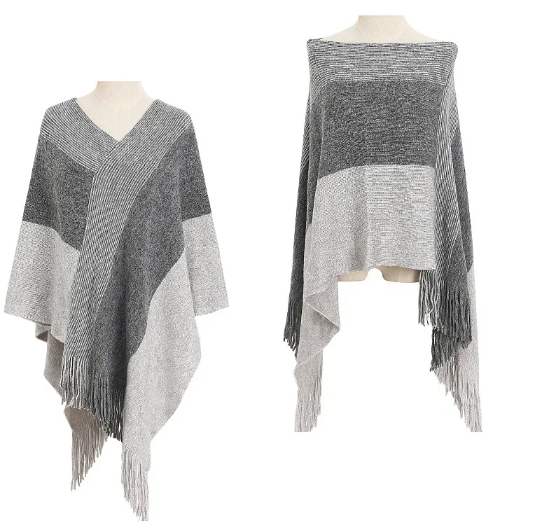 

2024 New Autumn Winter Knitted Shawl Women's Spring Multipurpose Pullover Cape Warm Tassel Cape Lady Stripe Ponchos Gray