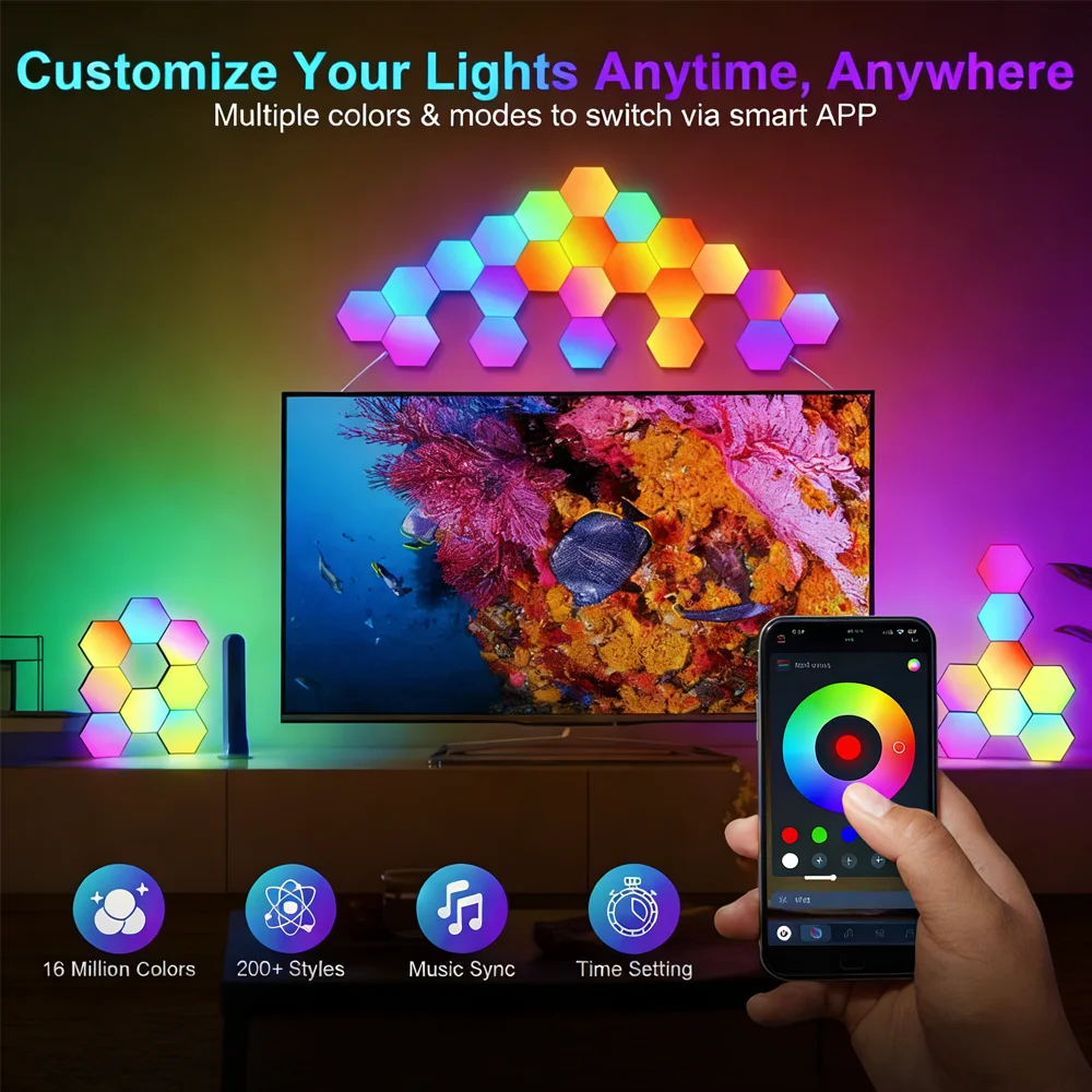 RGB 5V Sechseckige LED-Wandleuchte mit Musik-Synchronisation, WLAN-fähig, Kompatibel mit Alexa und Google Assistant, Weihnachts- und Halloween-Party-Dekoration, Geschenk