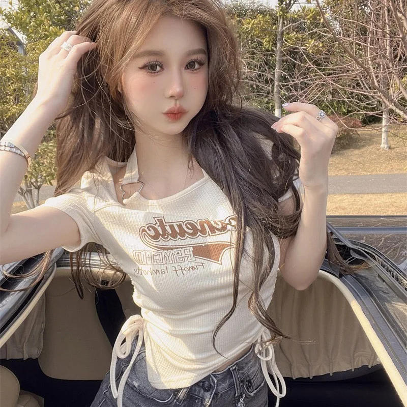 2024 Summer Women Sexy Outside Party Tops Lady Irregular Hanging Neck Short Sleeved T-shirt Female Apricot Y2k Designer Clothes