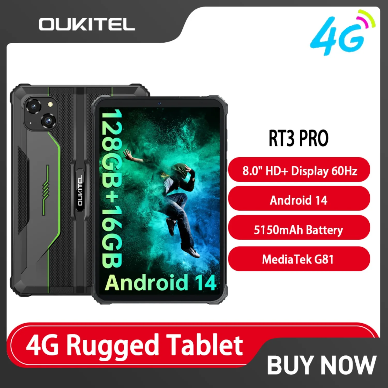OUKITEL RT3 PRO 4G Rugged Tablet 8Inch HD Display 16(4+12)GB +128GB Waterproof Tablet Pad 5150mAh Battery Android 14.0 Tablet PC