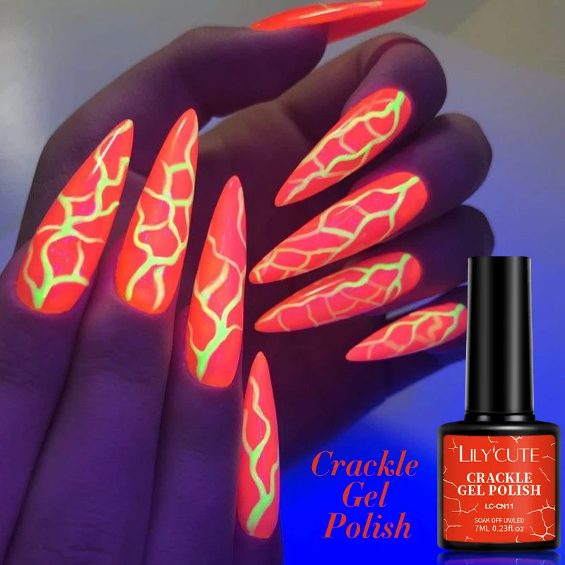 LILYCUTE 7ml Crackle Gel Nagellack Neon Fluoreszierender Marmor-Textur-Effekt Abziehbarer UV-LED-Gel-Lack Halloween Nagelzubehör