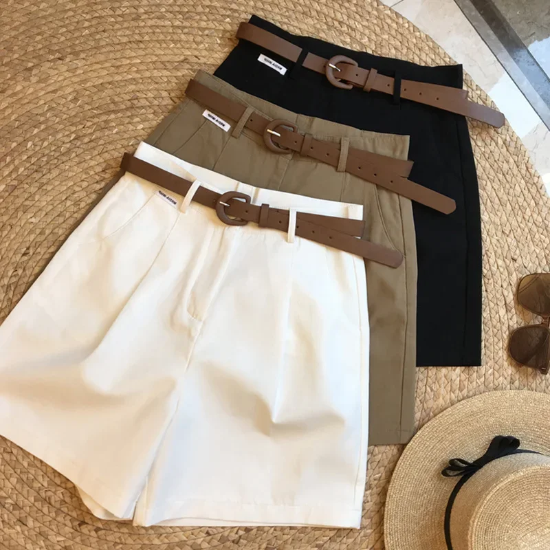 

Cargo Shorts Belt Solid Spring Summer Loose Korean Fashion Women Pants Basic Vintage High Waist Pantalones Cortos