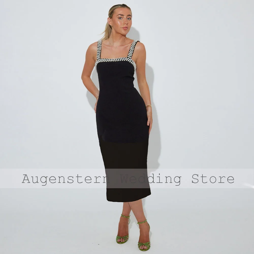 Champagne Evening Party Dresses for Women Pearls Straps Column Party Gowns Midi Sleeveless Tea Length Short Cocktail Dress 2024