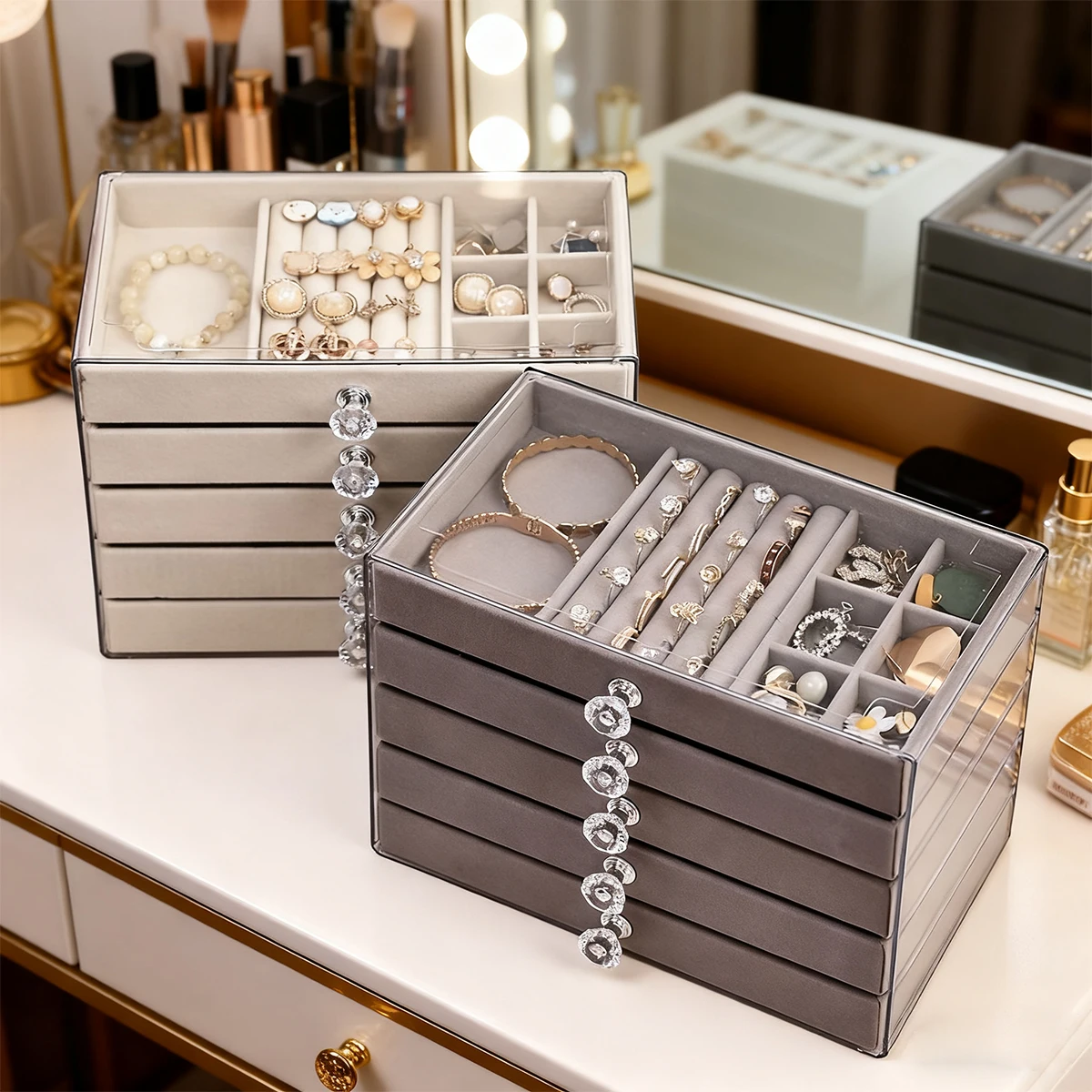 

1pc drawer style stackable five layer jewelry box, divided into compartments earrings rings necklaces bracelets, organizing box