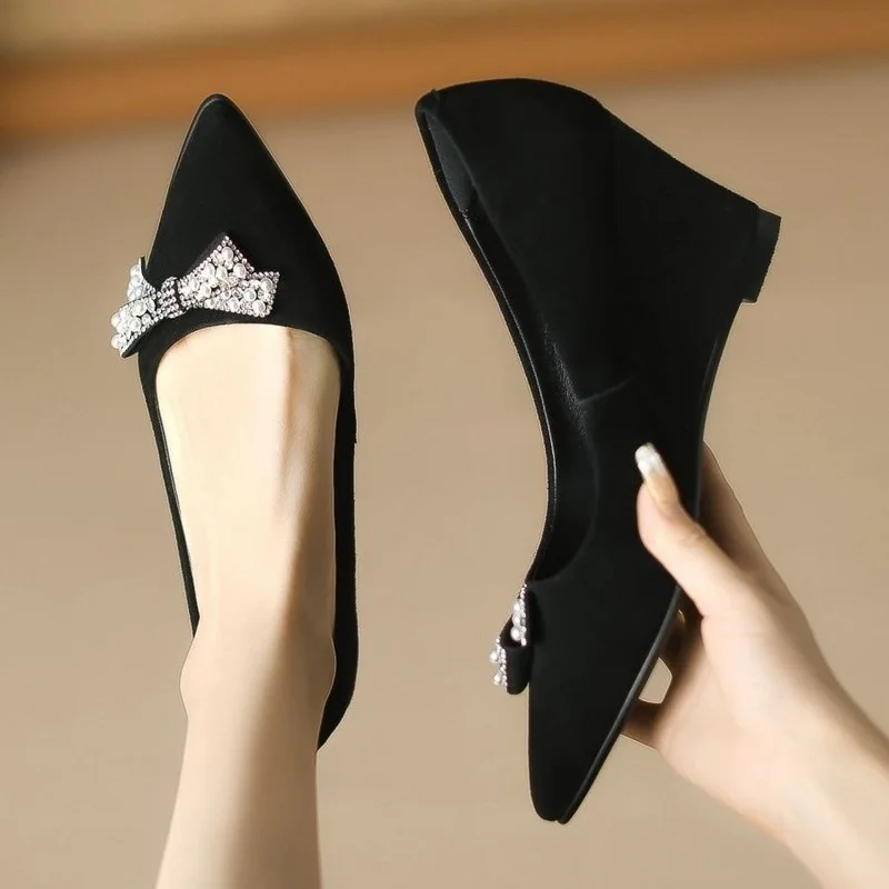 FHC Nubuck Women Pumps,High Heels Flock Shoes,Rhinestone Bowtie Wedges,Slip On,Pointed Toe,Black,Big Size,34-42,Dropship