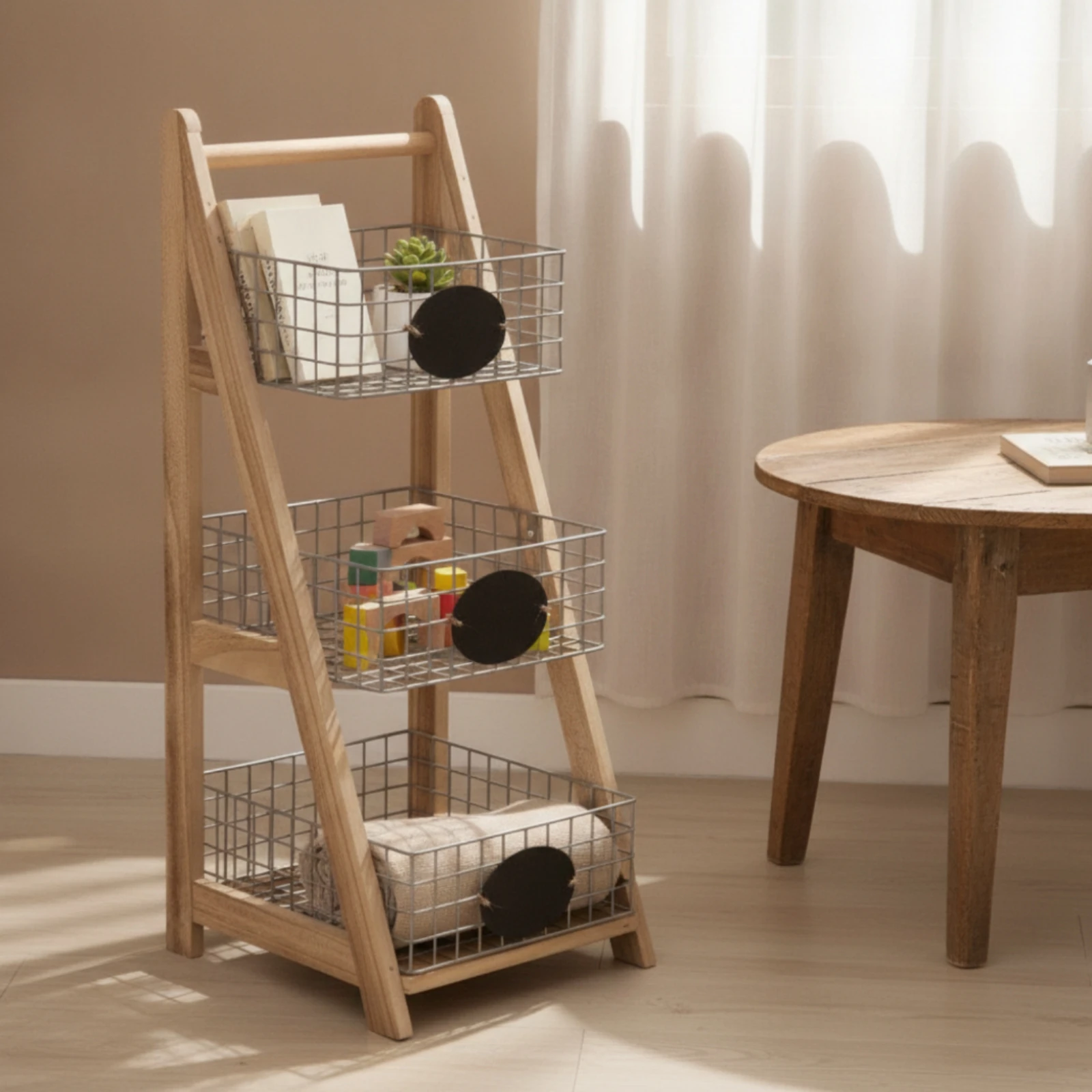 Ladder Storage Rack with Wire Baskets Natural Multifunctional Storage Rack Stand Shelving Unit Compact Organizer Space-Saving