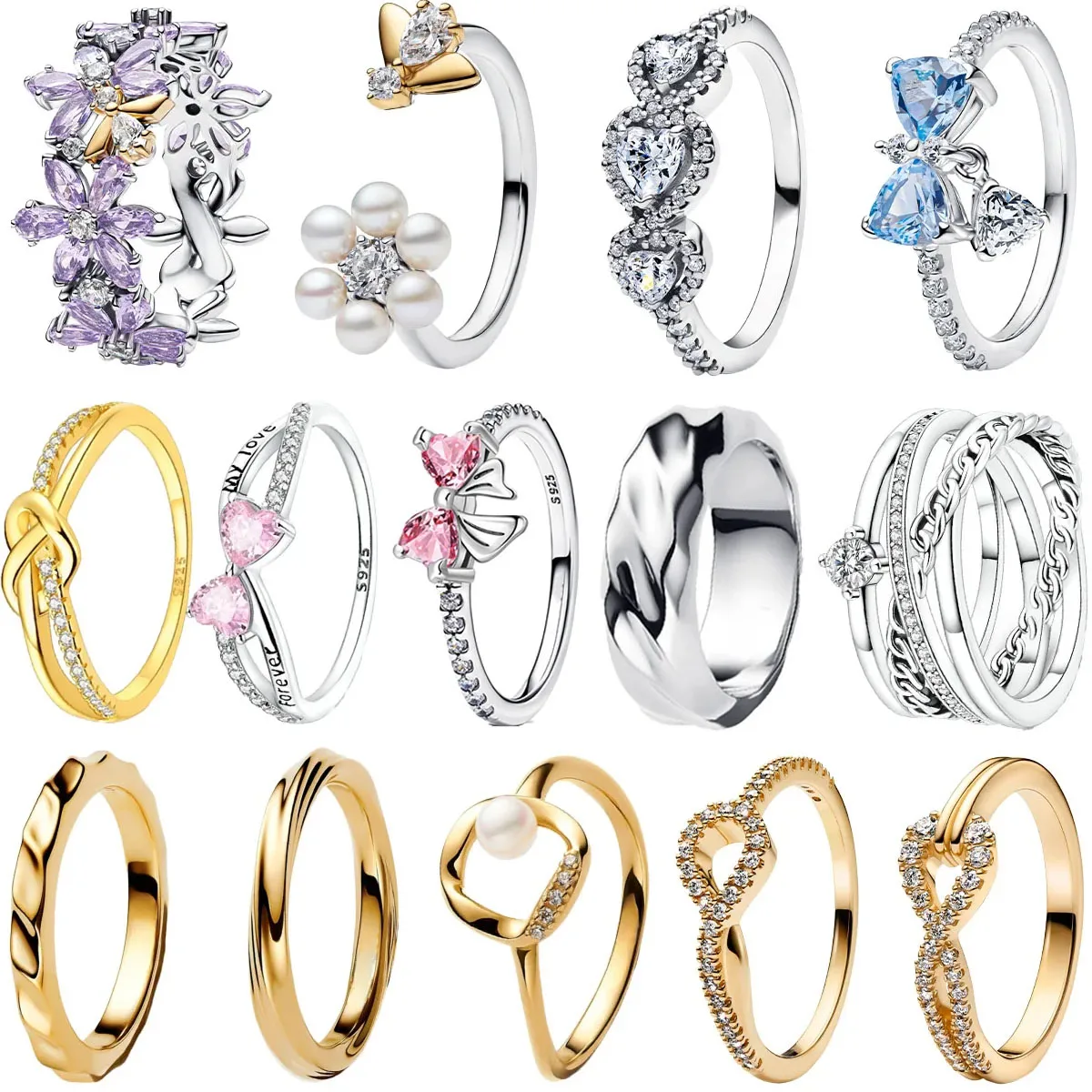 

Hot Sale Original 925 Sterling Silver Ring Colorful Bow Pearl Bee Flower Crystal For Women Valentine's Birthday Gift Jewelry