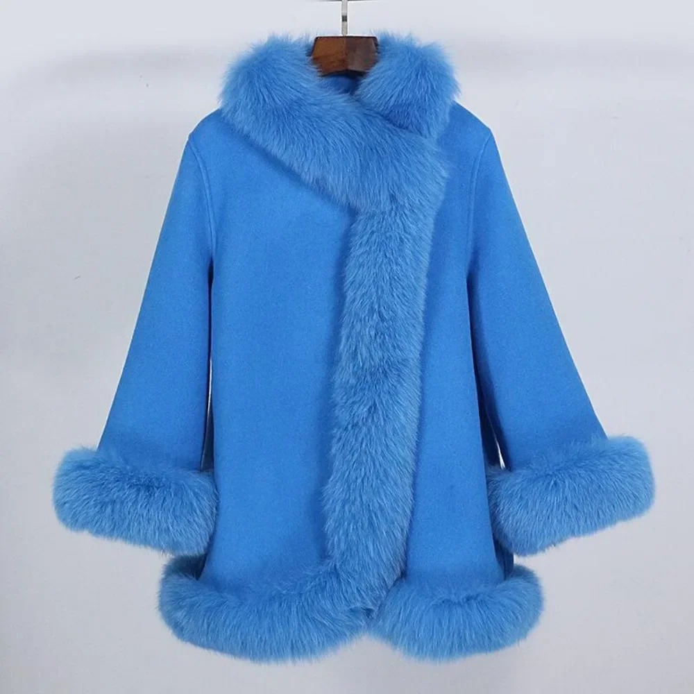 2025 Elegant Real Fur Coat Warm Oversized Real Fox Fur Collar Cuffs Elegant White Wool Coat Women Natural Fox Fur Jacket