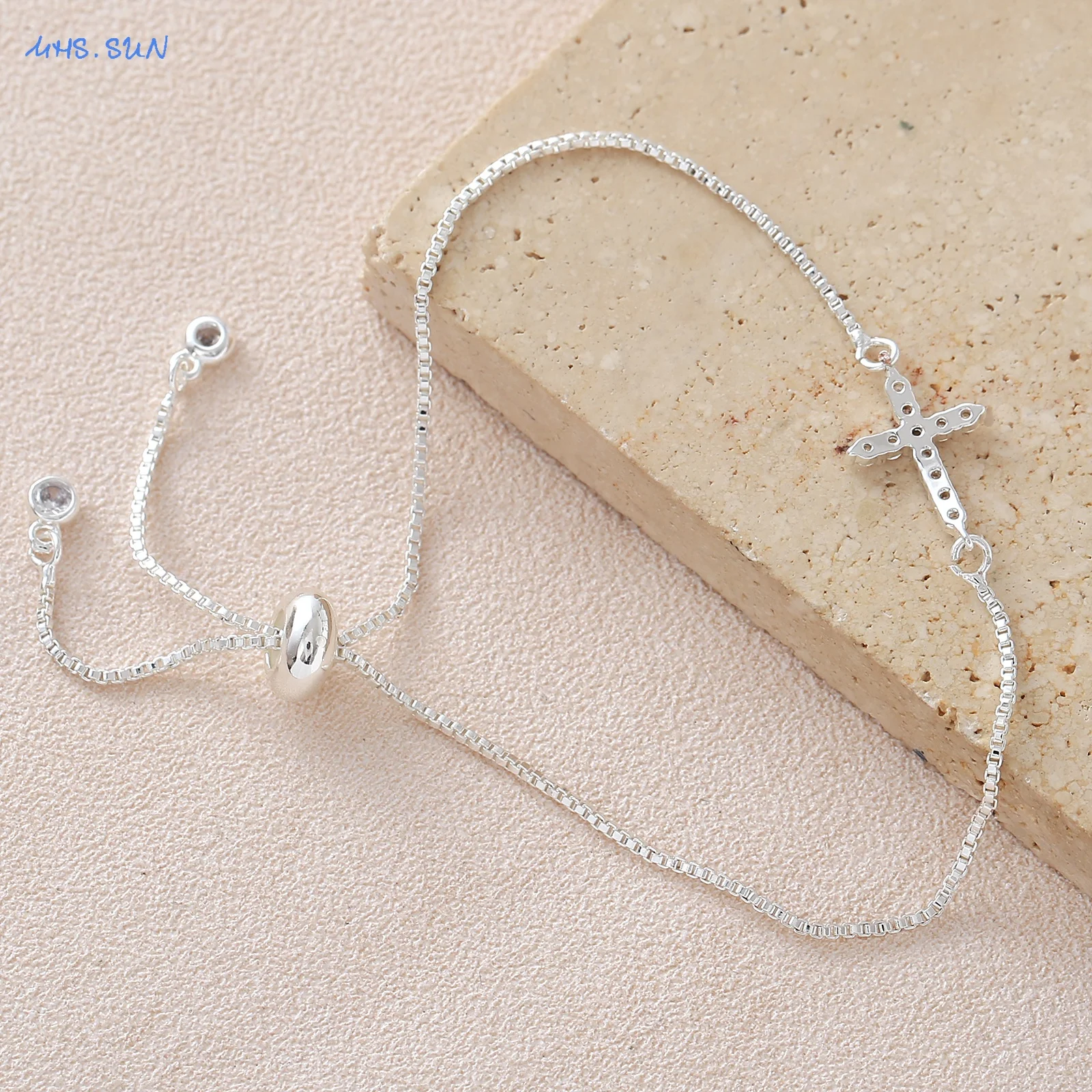 SUNSLL Minimalist Silver Plated Cross Bracelet Cubic Zirconia Inlaid Adjustable Drawstring Fashion Women Jewelry For Party Gift