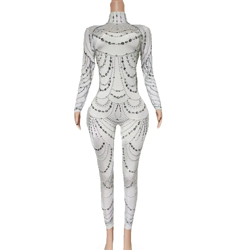 

Sexy Elegant Designed Shining Rhinestones Pearls White Jumpsuit Fashion Show Party Outfit Singer Dancer Performance Stage Wear