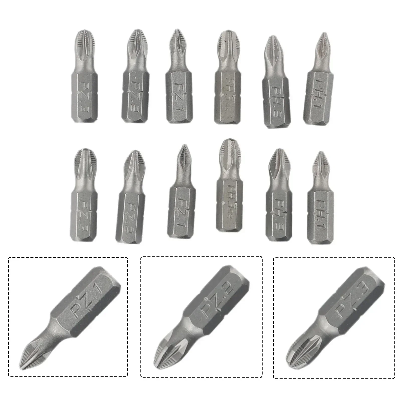 12Pcs Non-Slip Batch Head Phillip Bits Hex Shanked Screwdriver Magnetic Single Head PH1 PH2 PH3 PZ1 PZ2 PZ3 Hand Repair Tools