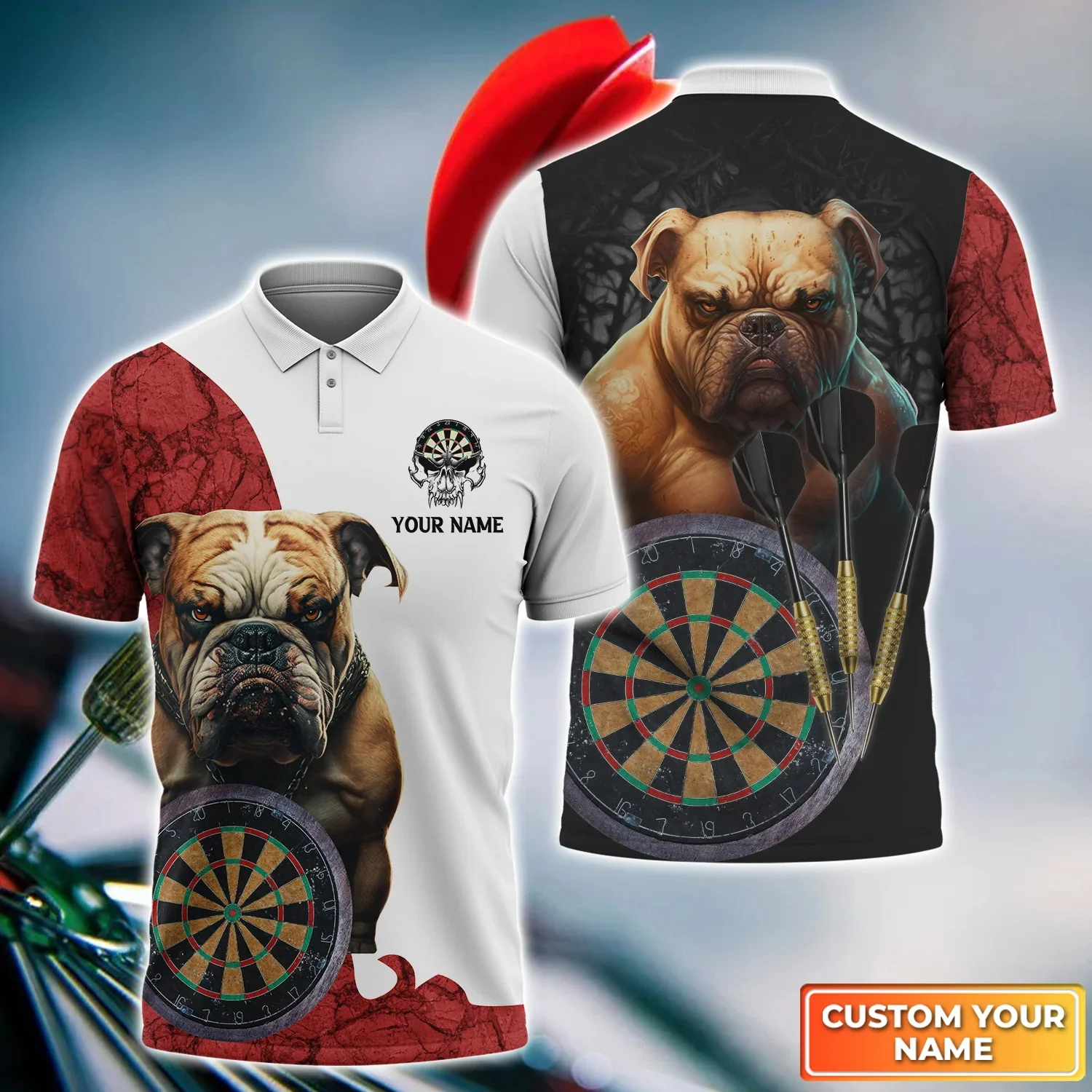 Bullseye Dartboard Personalized Name Bulldog And Darts 3D Printed Men's Polo Shirt Summer Street Unisex Casual Polo shirt WK87