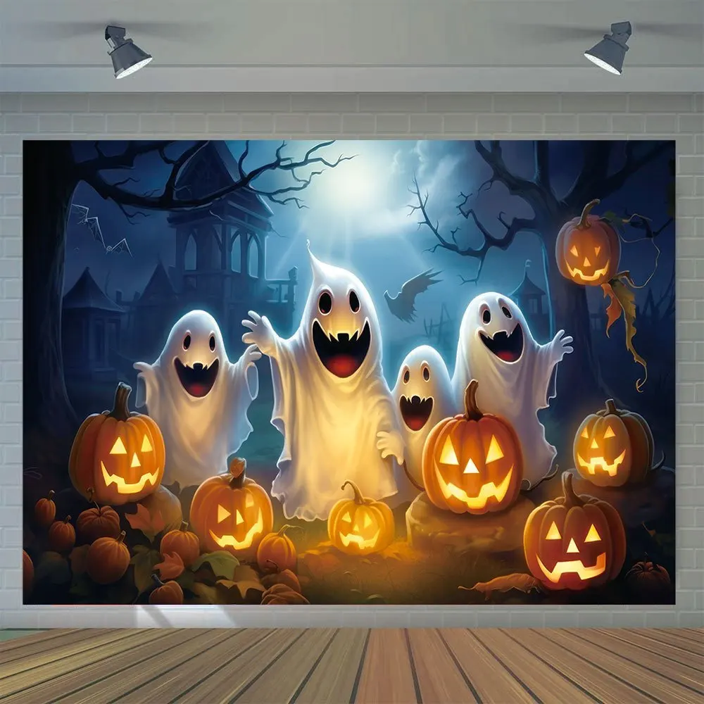 Halloween-Hintergrund im Art-Deco-Stil – 1, Geister- und Kürbislaterne, Fotografie, Wandbehang, Urlaubsparty-Dekoration