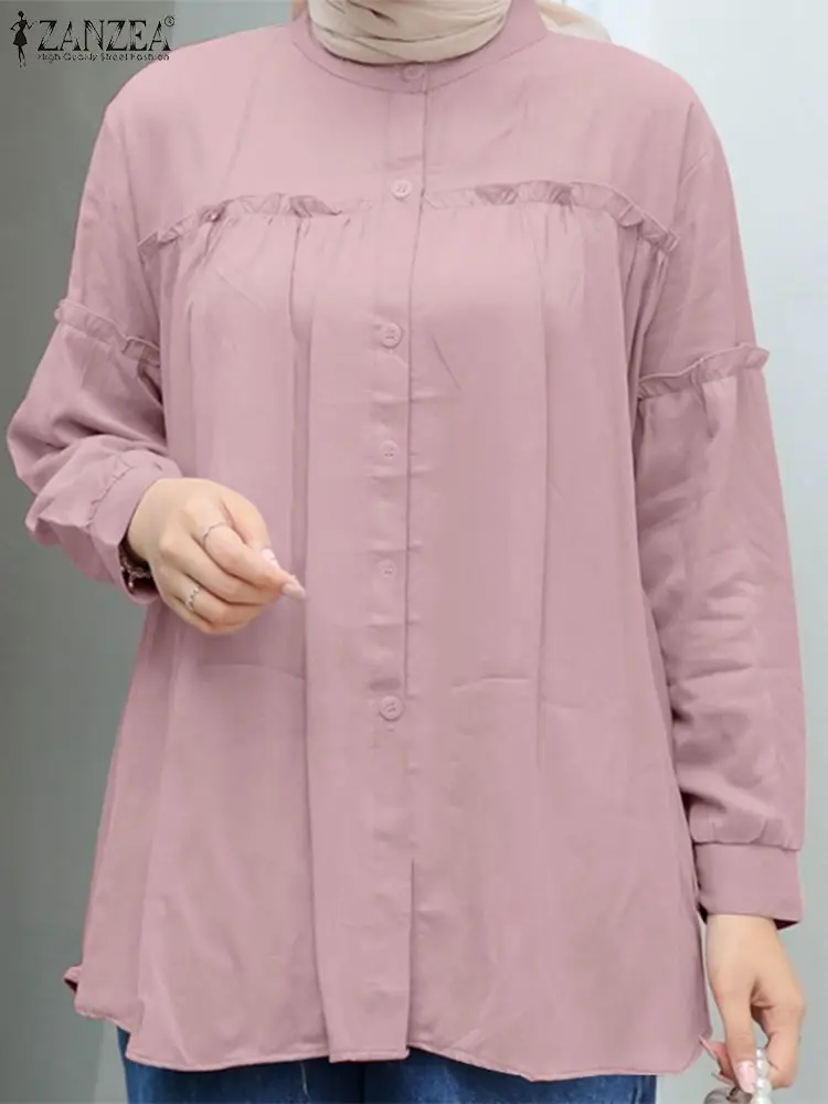 ZANZEA Women Vintage Long Sleeve Ruffles Blouse Fashion Casual Solid Tunic Tops Female Eid Mubarek Ramadan Muslim Shirt Chemise