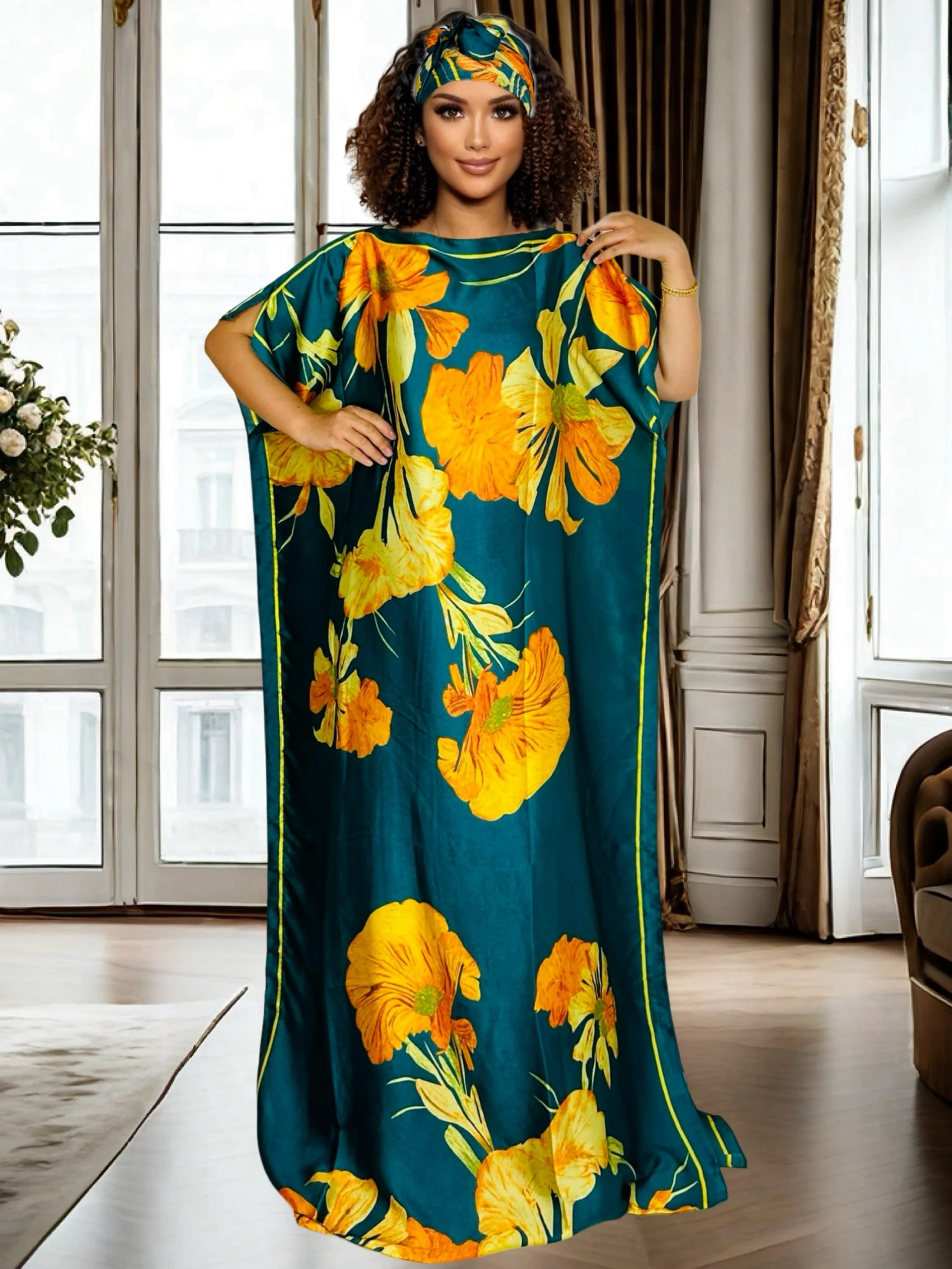 African Women Satin Kaftan Dress Big Floral Print Loose Long Maxi Robe Elegant Ladies Party Abaya With Matching Headscarf