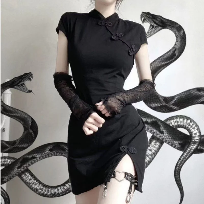 Vintage Button Short Sleeve Qipao Traditional Chinese Silm Dresses  Mandarin Collar Vestidos Sexy Mini Split Cheongsam Women2025