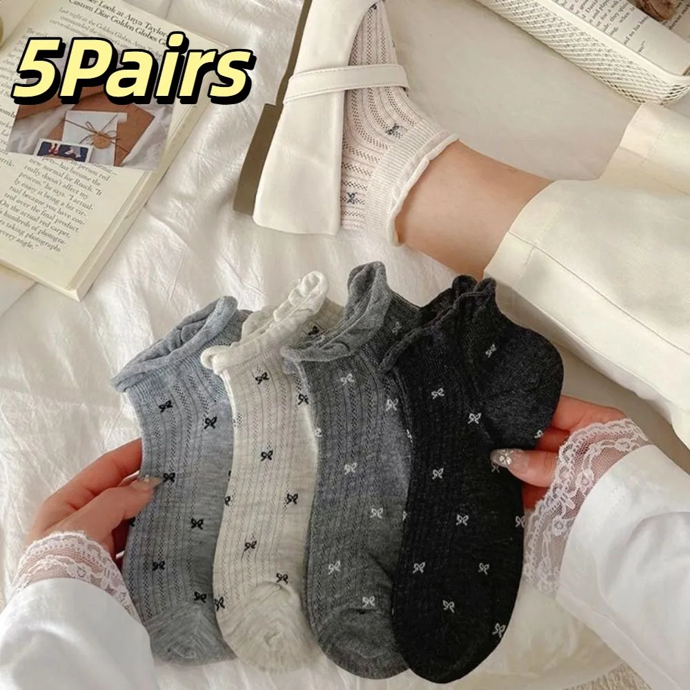 

5 пар мягких сетчатых коротких носков с бантом, дышащие милые носки до щиколотки с рюшами, женские чулочно-носочные изделия, балетные стильные носки-трубочки, женская уличная одежда