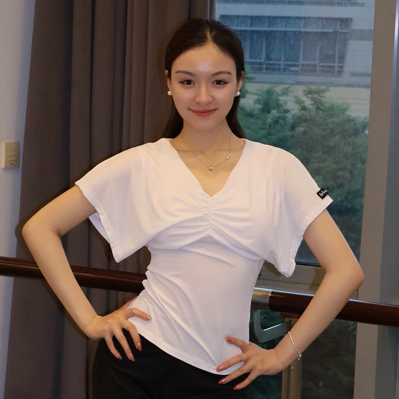 Summer Latin Dance Clothes Bat Sleeves V Neck Tops Adult Women Practice Clothing Ballroom Dance Wear Waltz Salsa Dance Tops