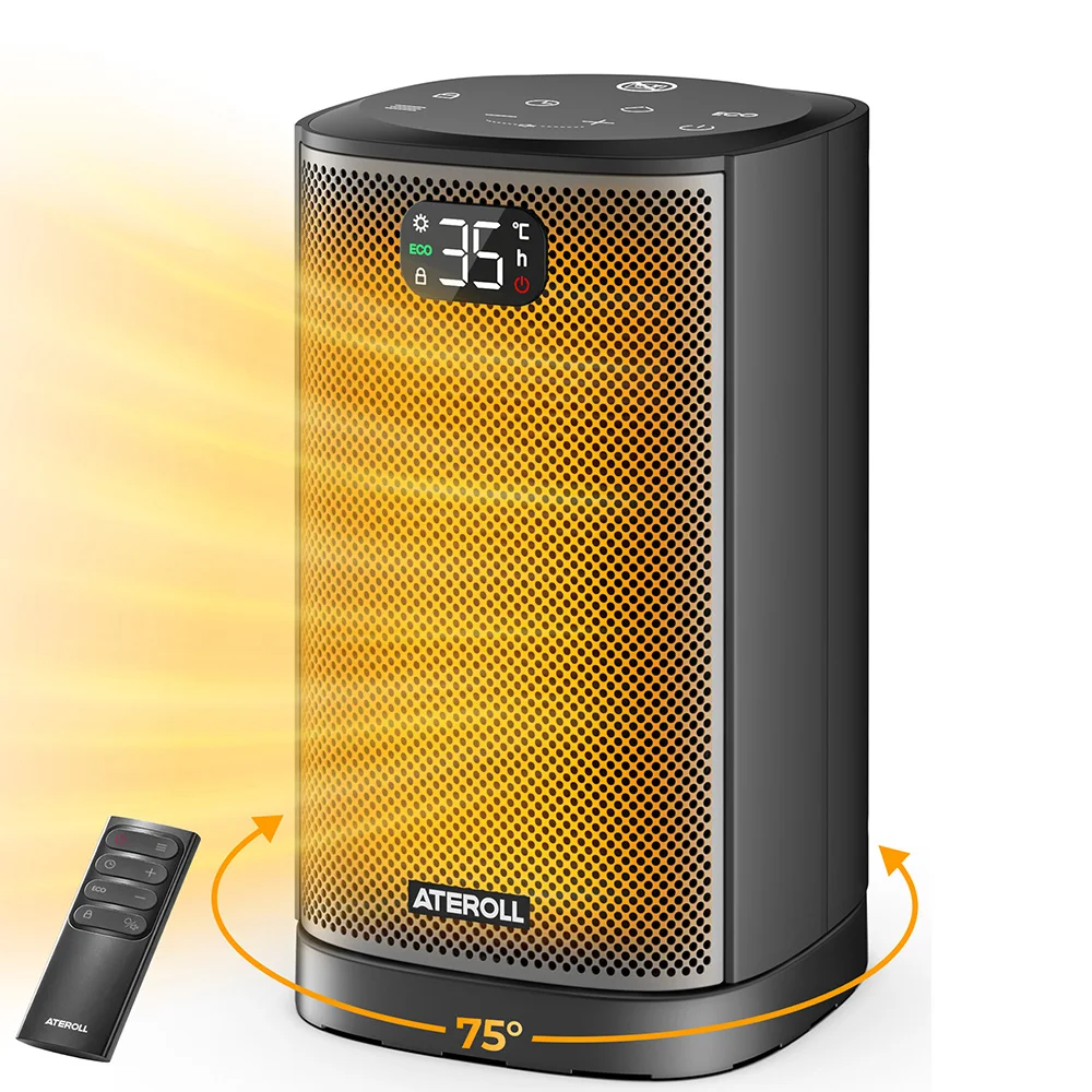 1500W PTC Keramik Heizlüfter Tragbar mit Fernbedienung – 25 cm Oszillation, Sofortwärme, Leiser Luftbläser, V0-Brandschutz, Überhitzungsschutz, Kippschutz für Schlafzimmer, Büro