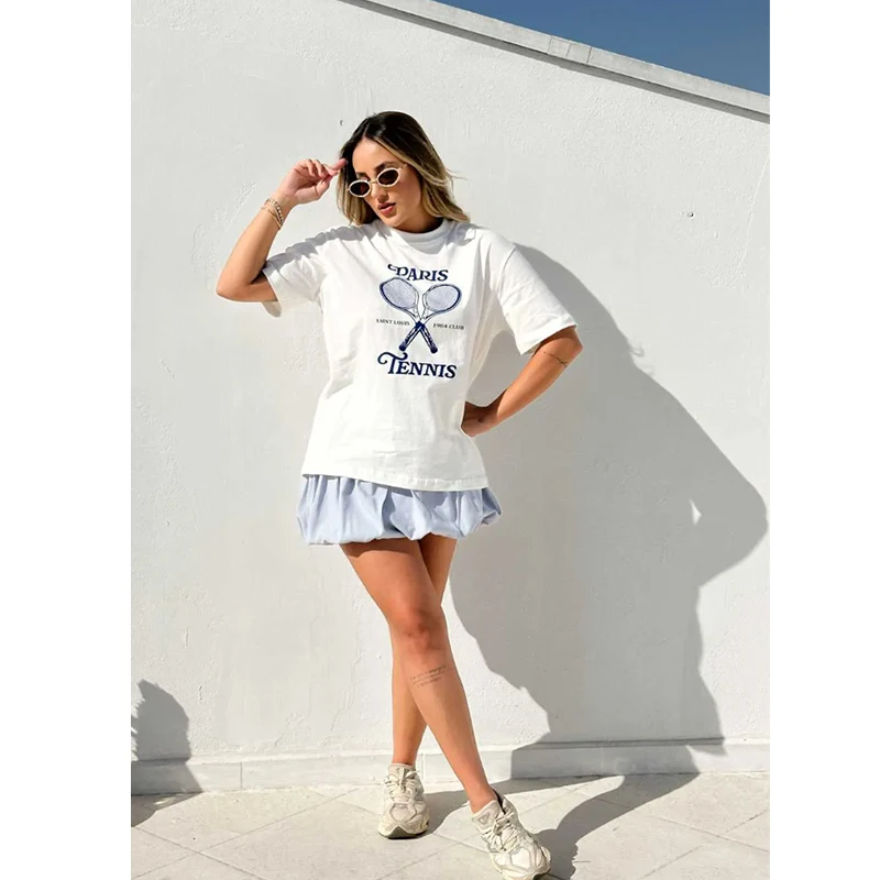 Retro Amerykański Sportowy Slogan Tenisowy Luźny Krój Damska Koszulka z Czystej Bawełny Okrągły Dekolt Letni Top