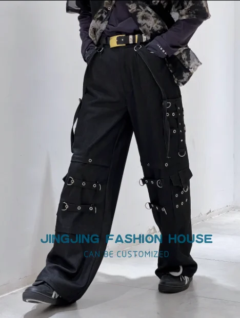 S-4XL!!2023 Original design Black denim loose straight leg long bell bottoms winter men loose niche metal hip hop