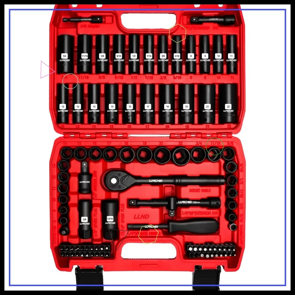 مجموعة مقابس تأثير المحرك 3/8 بوصة، طقم SAE/متري مكون من 95 قطعة مع مقابس عميقة وضحلة، ومحولات، ومقبض بسقاطة #1