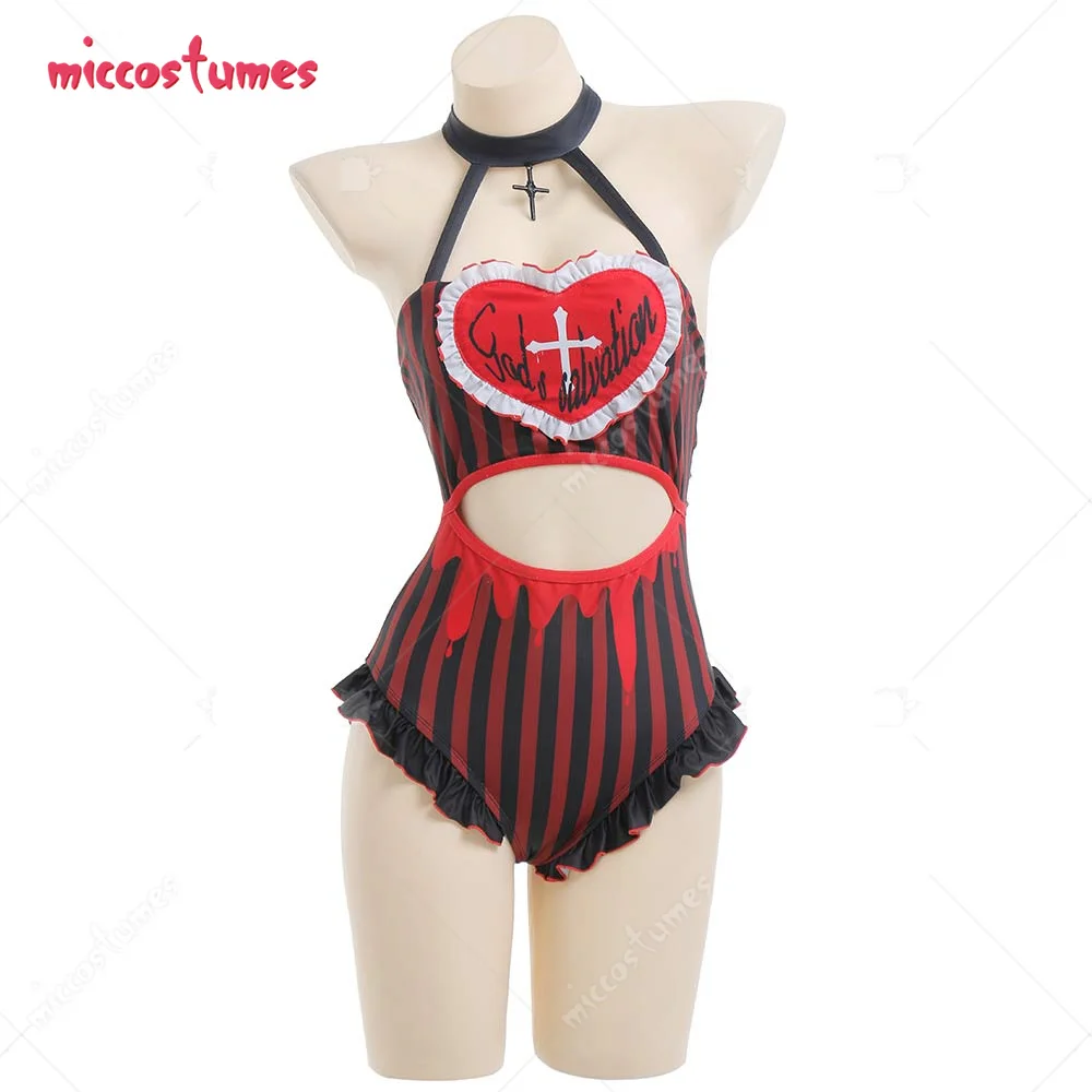 

Women Gothic Dark Style Black Red Stripe Bathing Suit Heart Design Halter One-Piece Swimwear