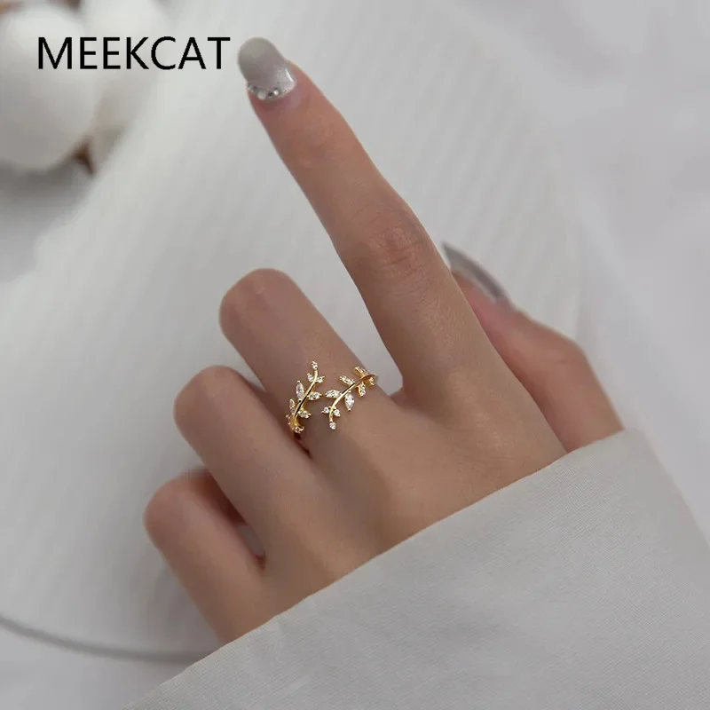 

925 Sterling Silver Sweet Romantic Zircon Open Branch Small Leaf Adjustable Ring Bague for Women Korean Wedding Party Jewelry