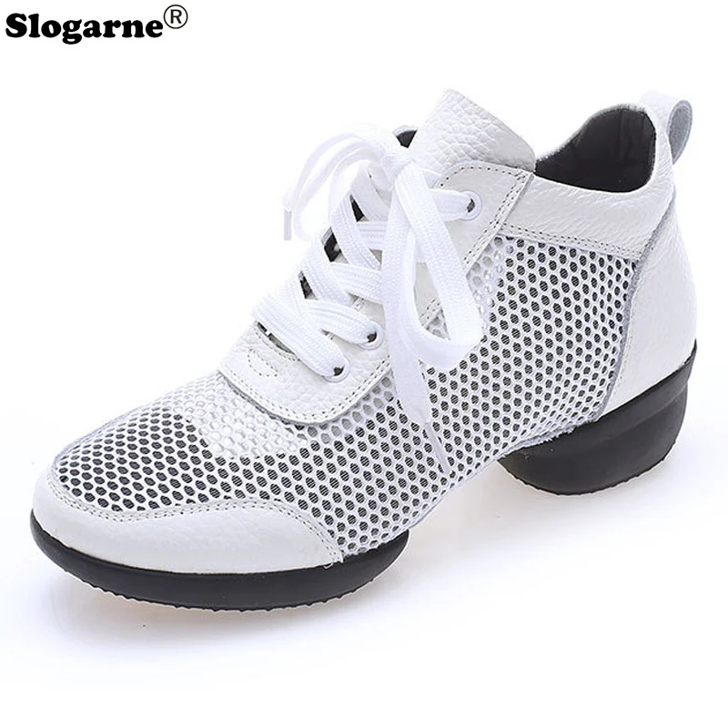 Ladies Cow Leather Mesh Dance Shoes Women New Cow Leather Modern Jazz Waltz Tango Latin Shoes Ballroom Dancing Girls Stage Wear