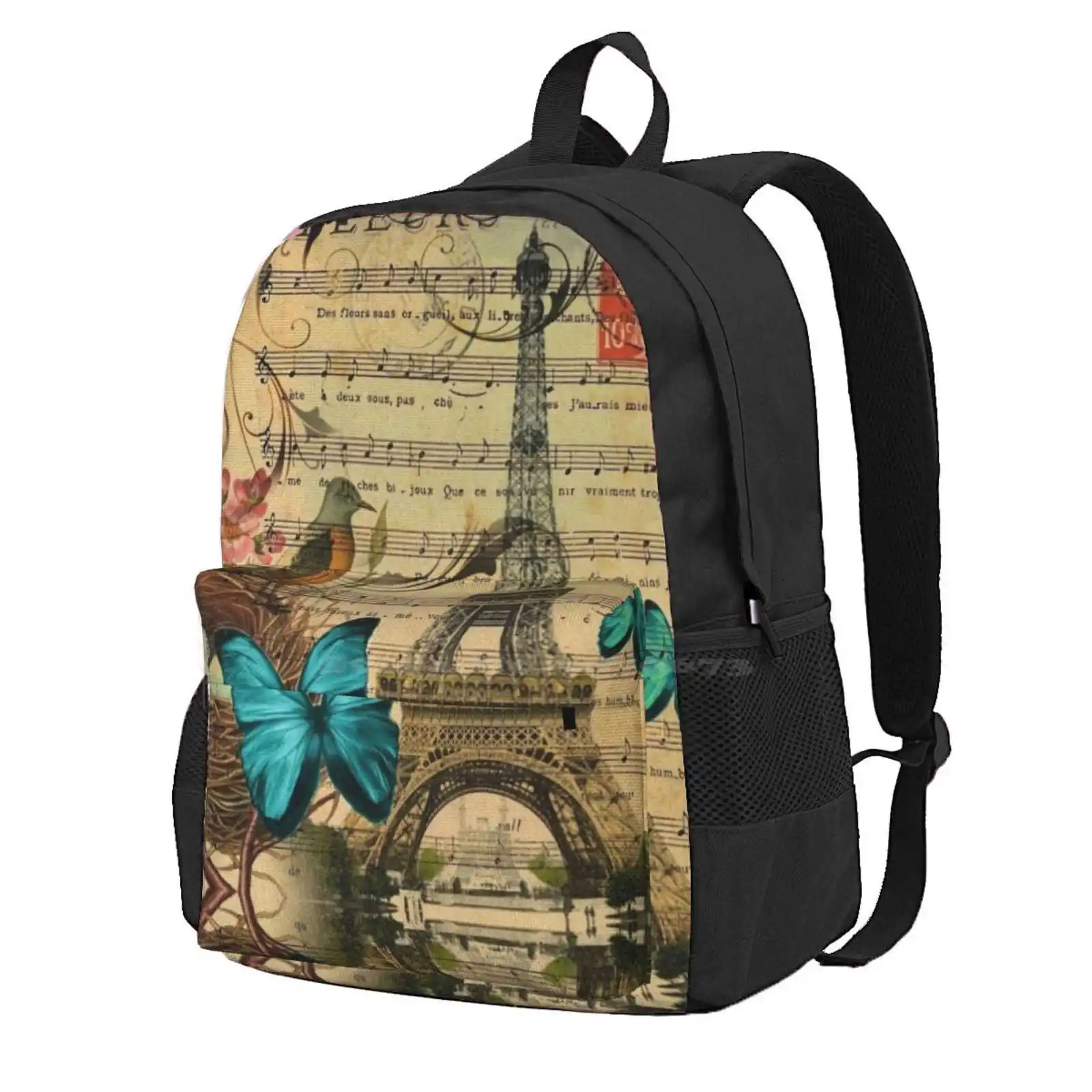 

Cottagecore Vintage Bird Nest Paris Eiffel Tower Botanical Art Hot Sale Schoolbag Backpack Fashion Bags Eiffel Tower Music