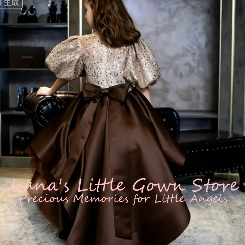 Brown Bow Flower Girl Dresses for Wedding O-Neck Sequins High-Low Girl Gown for Photoshoot First Communion Gowns CustoCustomized