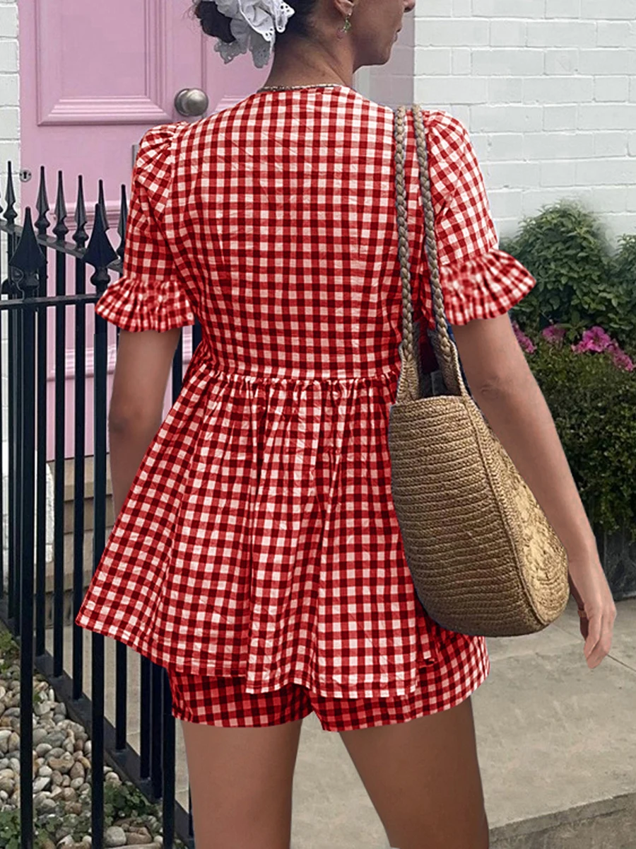 Women's Summer Plaid Outfits Ruffled Short Sleeve Tie-Up Front Peplum Tops with Elastic Waist Shorts Set Streetwear Loungewear