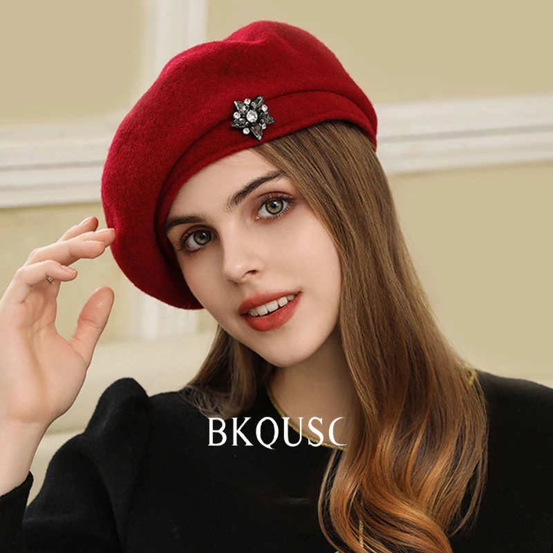 Vintage Elegant Rhinestone Wool Berets for Women Winter Casual Outdoor Warm Soft Woolen Beret Hats 55cm-58cm Artist Painter Hat