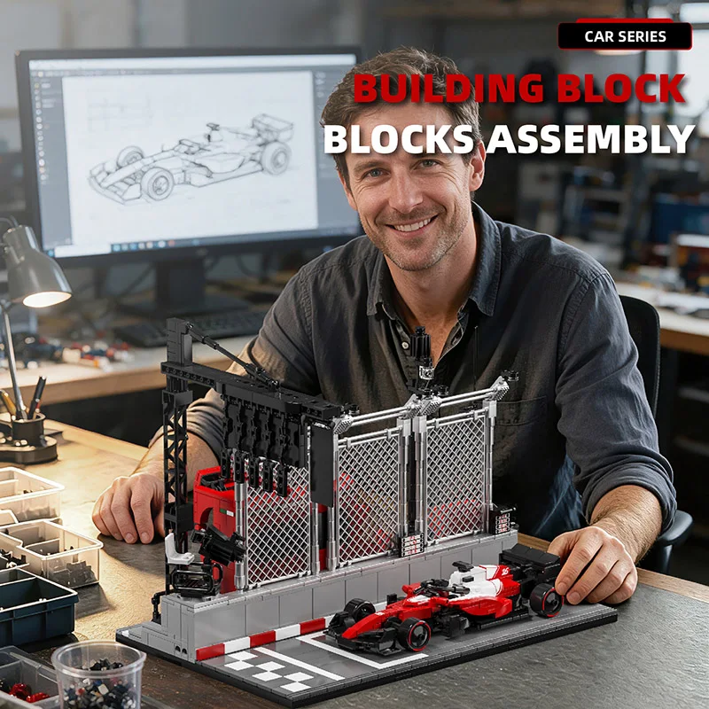 12GO 95026 Technical 1413pcs Formula Racing Car Starting Station Pit Wall Model Building Blocks Bricks Set MOC Race Cars Track