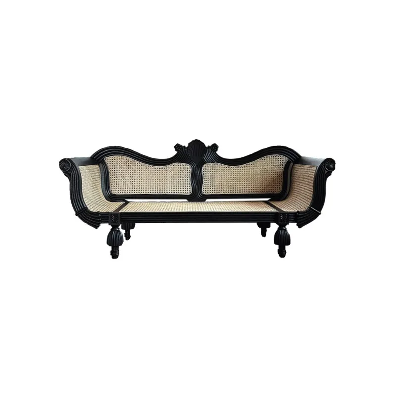 

Solid wood retro Nanyang style French rattan sofa carved antique villa living room balcony