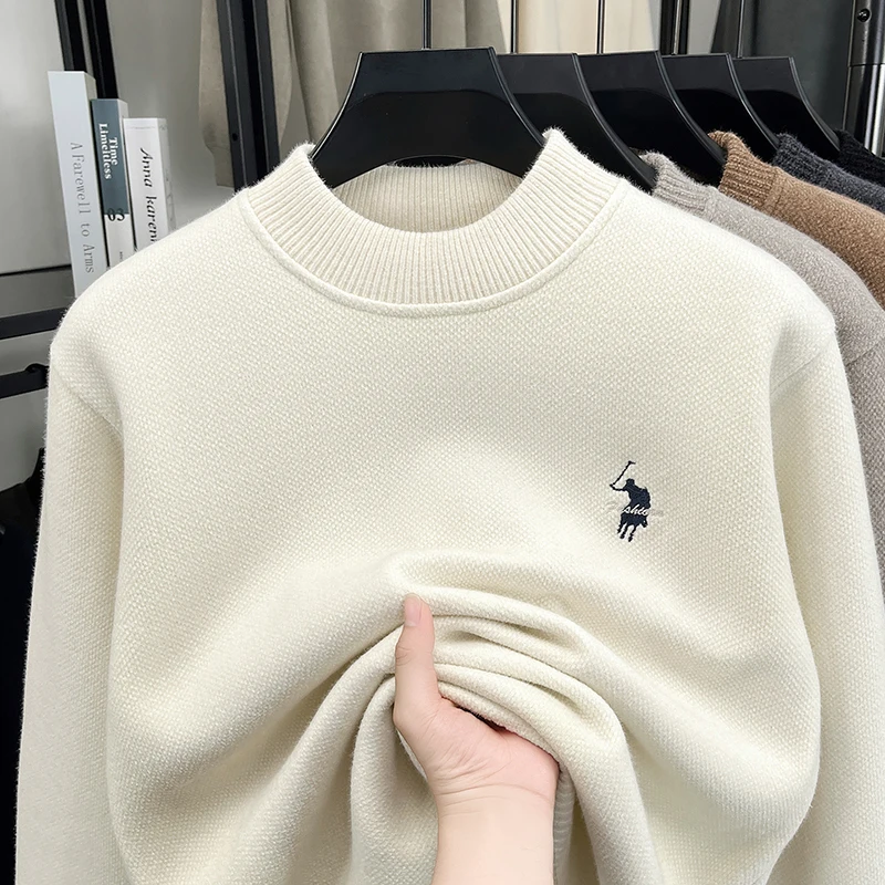 

Thickened Men's Round Neck Sweater with Added Velvet for Winter Warmth Knitted Mink Fur Top Embroidered Long Sleeved Men's Shirt
