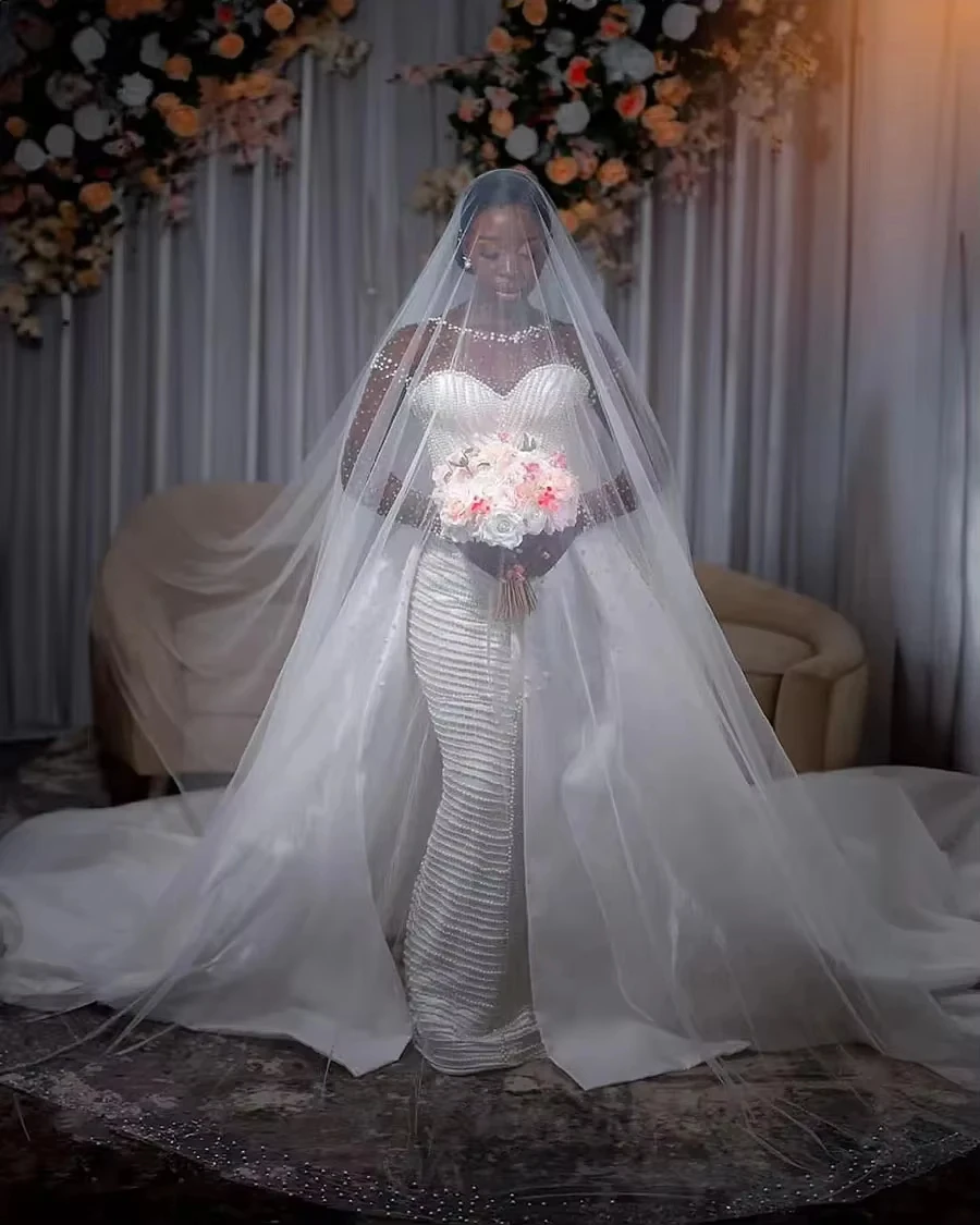 

Customized Heavy Full Pearls Wedding Dress for Bride Long Sleeve Elegant Arabic Aso Ebi Trumpet Bridal Gown Detachable Train
