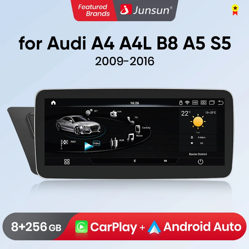 Junsun Qualcomm 665 Wireless CarPlay Andorid 13 Auto Car Radio For Audi A4 B8 S4 A5 S5 2009 2010-2016 Multimedia GPS 4G Navi