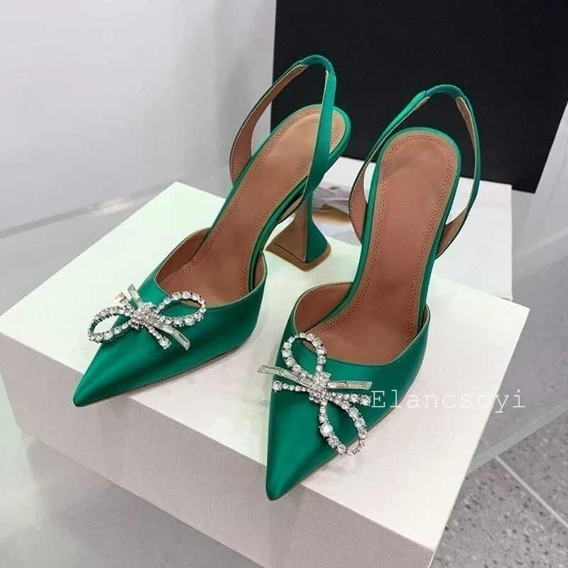 Pointed Toe High Heels Women Pumps Crystal Bow Satin Sandals Summer Cup Heels Back Strap Sandalias Sexy Party Banquet Shoes view 5