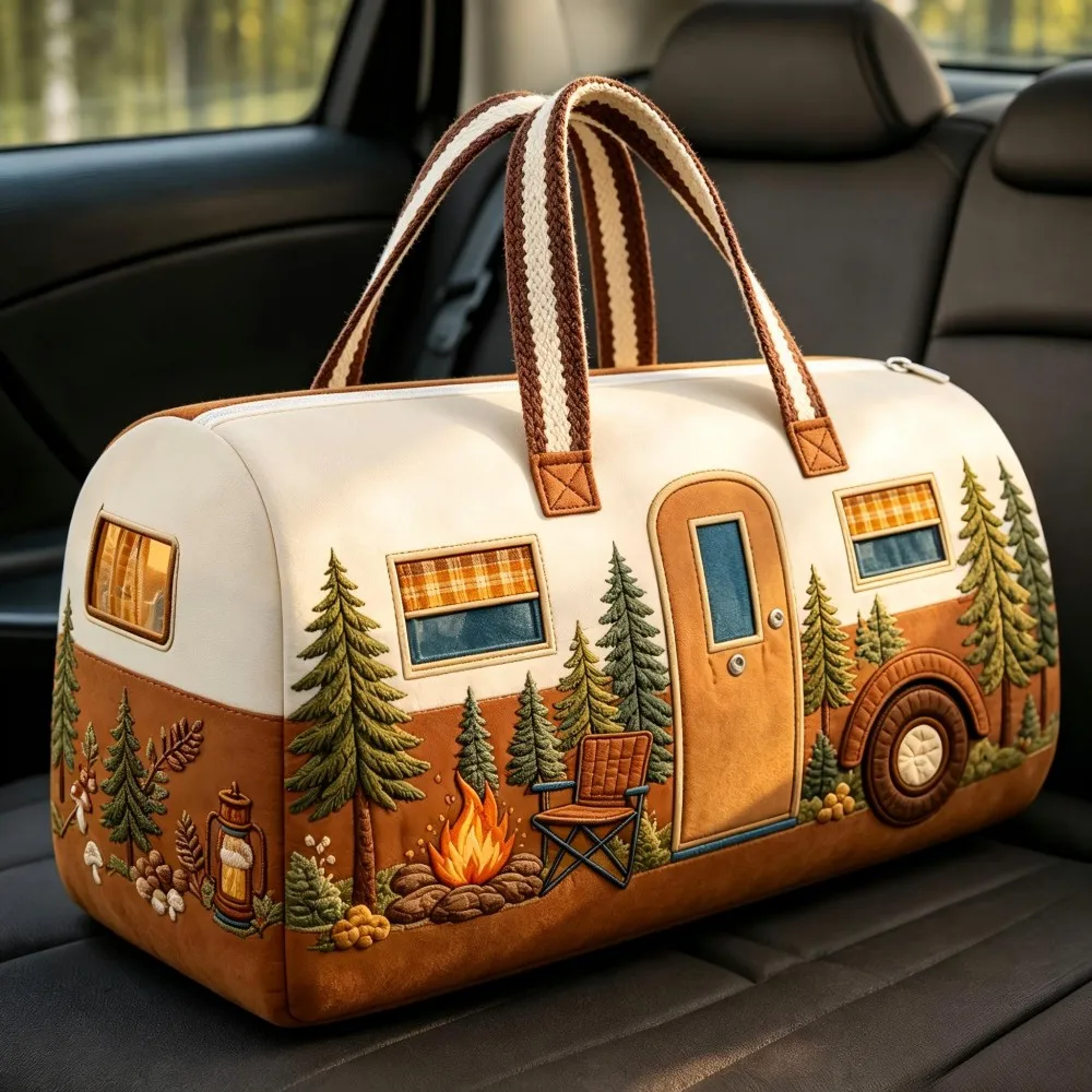 Vintage Forest Camping RV Printed Women's Large Capacity Handheld Travel Bag Blue Bonfire Pattern Short Distance Luggage Bag
